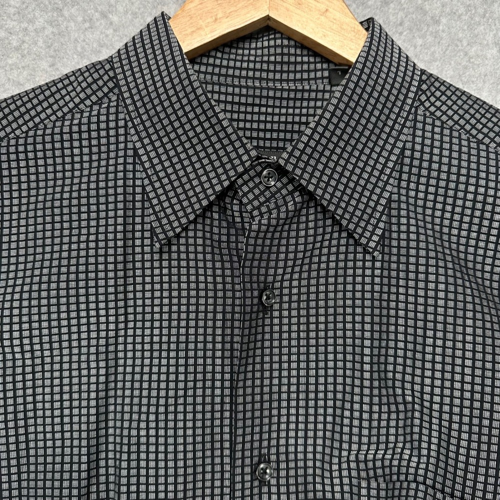 Zanella Harold HBD Mens Large‎ Black Grey Micro Grid Cotton Rayon Shirt Italy